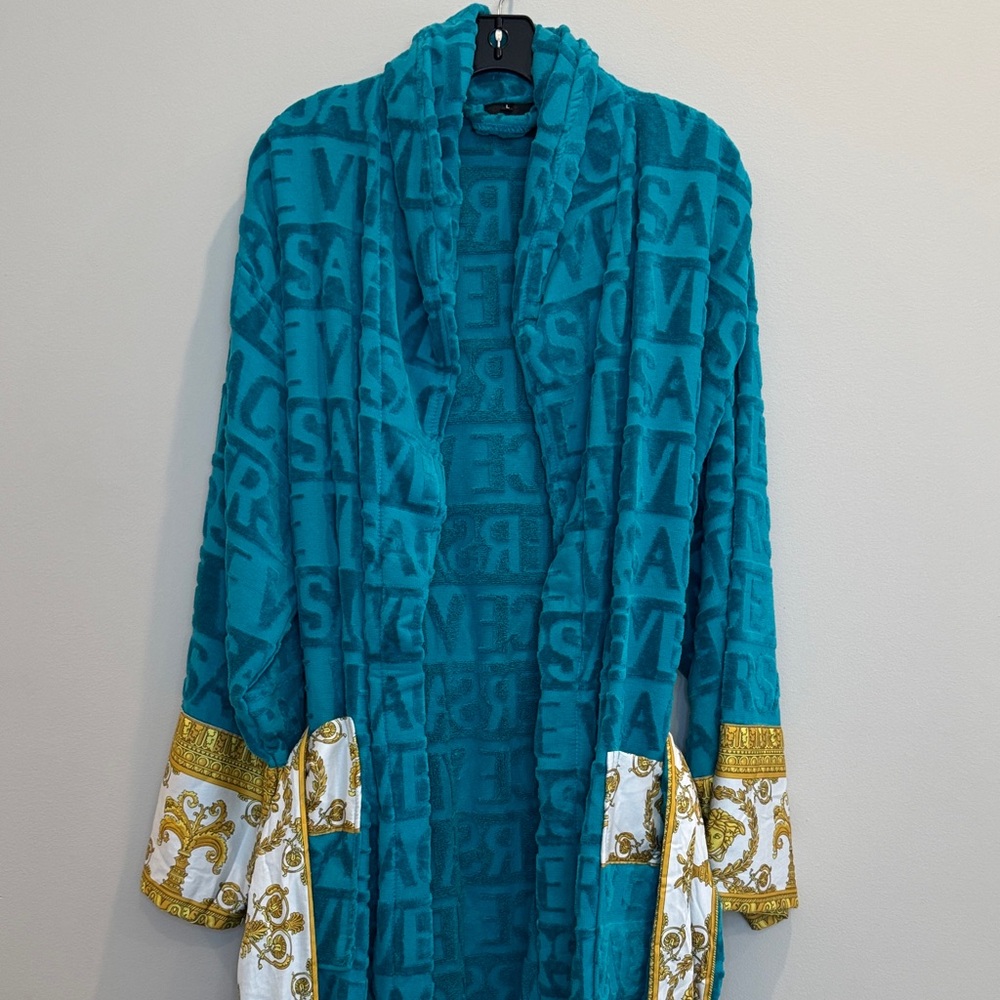 Versace Cotton Belted Hooded Bathrobe, Blue and Gold, Size Large